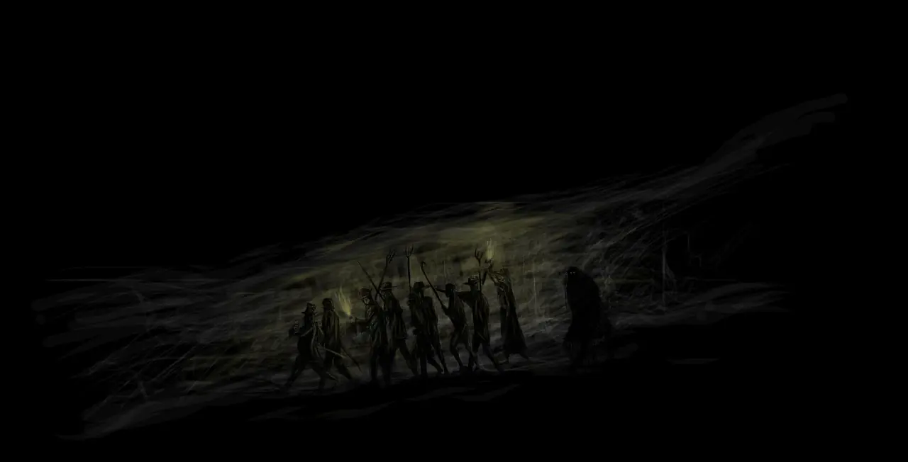 A procession of figures with torches in the dark