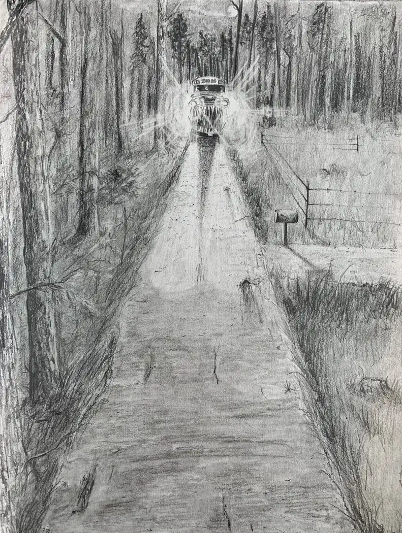 Headlights on a long forest road